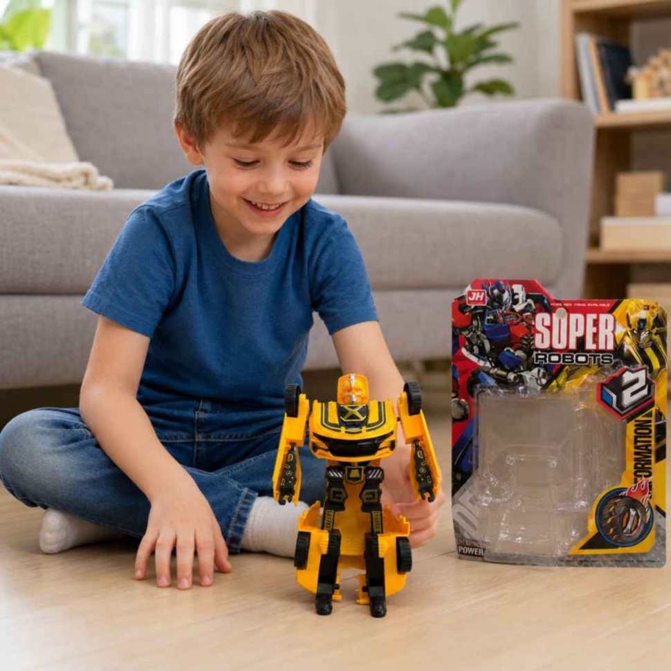 Copil se joacă cu robotul transformabil lângă ambalajul produsului