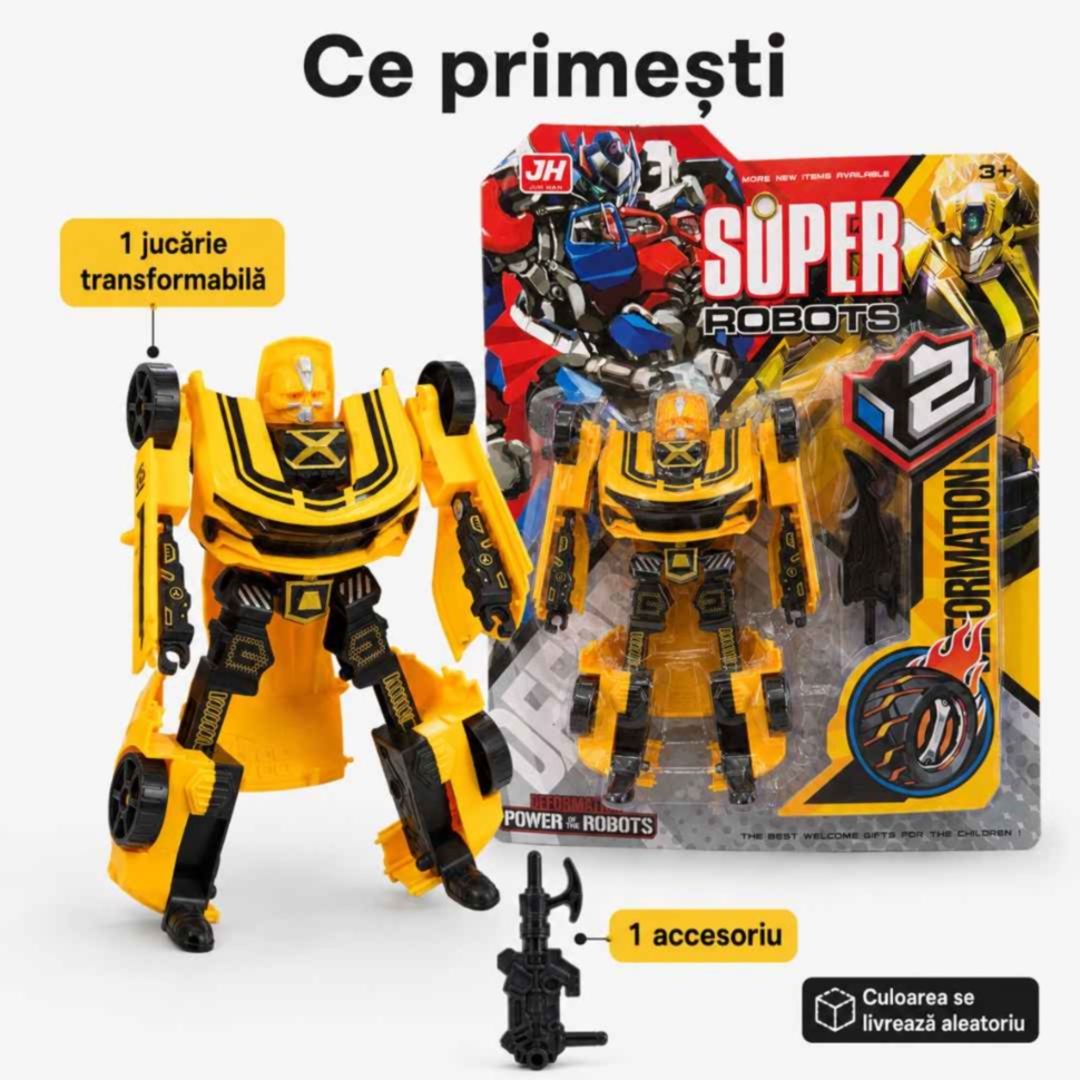 Conținutul pachetului cu o jucărie transformabilă și un accesoriu negru