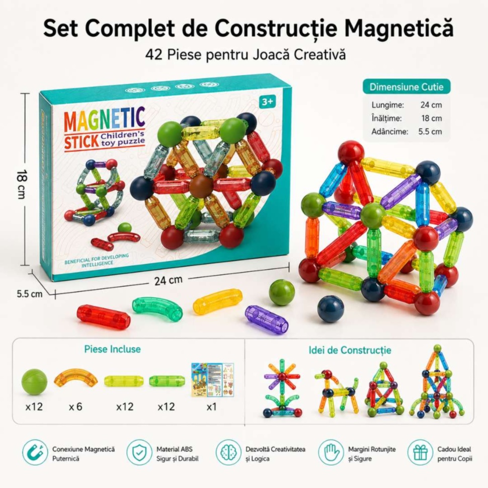 Dimensiune și conținut set magnetic de construcție 42 piese