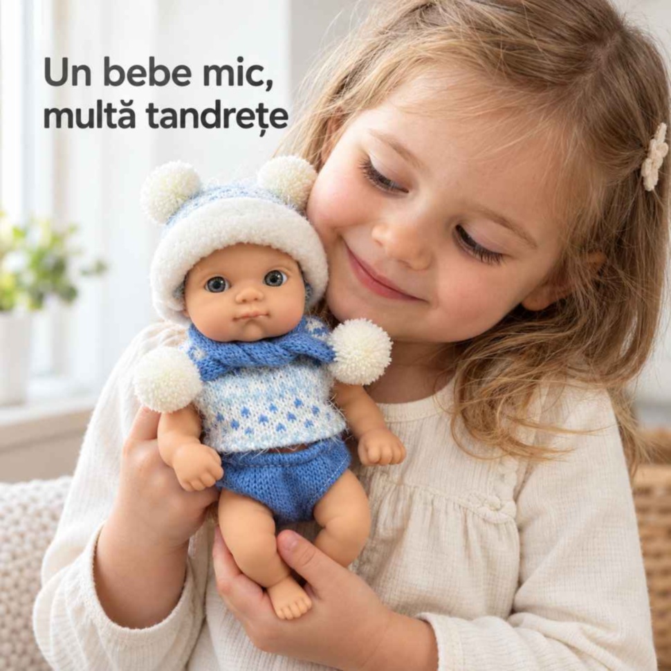 Fetiță ținând în brațe păpușa bebeluș de 20 cm cu hăinuțe alb-albastre