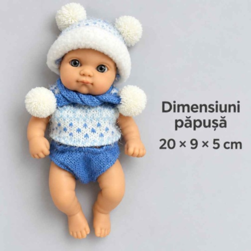 Păpușă bebeluș realistă de 20 cm cu hăinuțe tricotate
