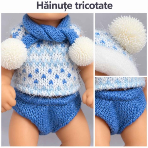 Păpușă bebeluș realistă de 20 cm cu hăinuțe tricotate