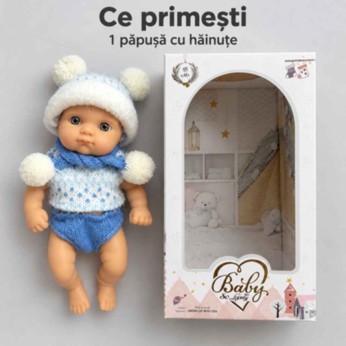 Păpușă bebeluș realistă de 20 cm cu hăinuțe tricotate