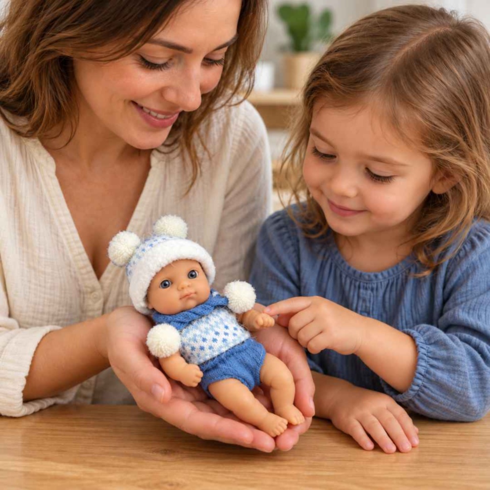 Mamă și fetiță se joacă împreună cu păpușa bebeluș