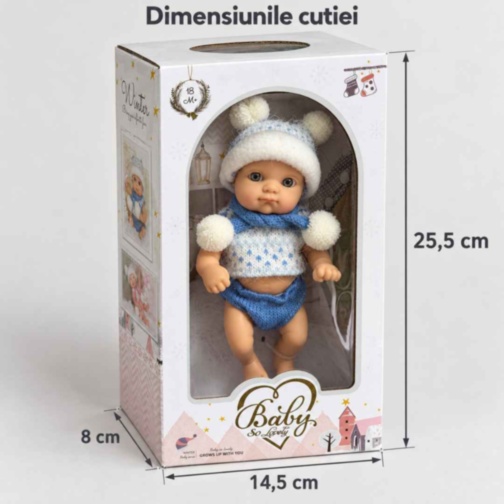 Păpușă bebeluș realistă de 20 cm cu hăinuțe tricotate