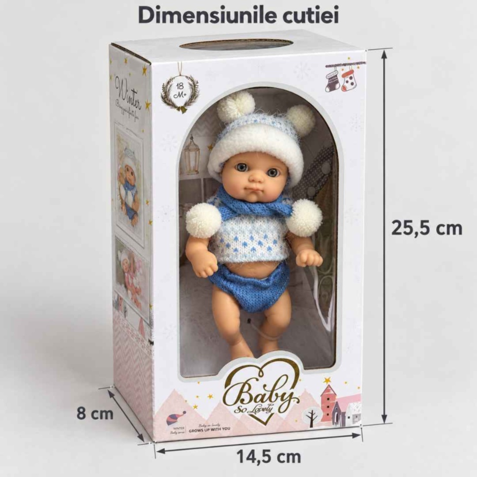 Dimensiunile cutiei păpușii: 25,5 cm înălțime, 14,5 cm lățime și 8 cm adâncime
