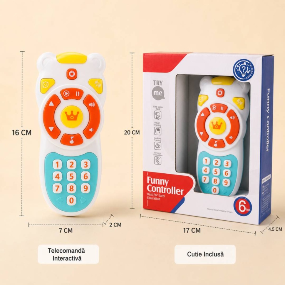 Dimensiune telecomandă interactivă pentru bebeluși și cutie inclusă
