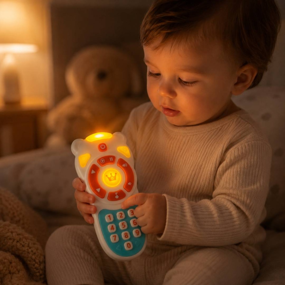 Bebeluș se joacă seara cu telecomandă luminoasă și muzicală