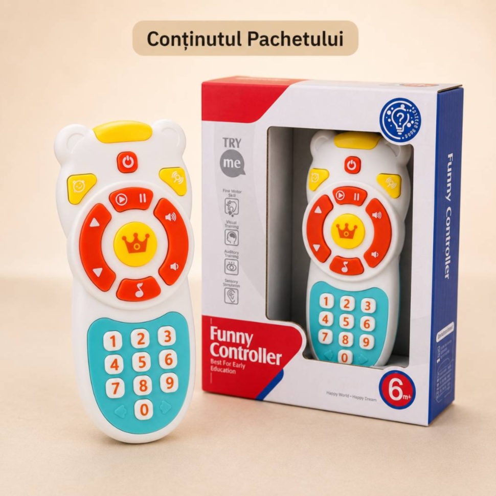Conținutul pachetului: telecomandă muzicală pentru bebeluși și cutie