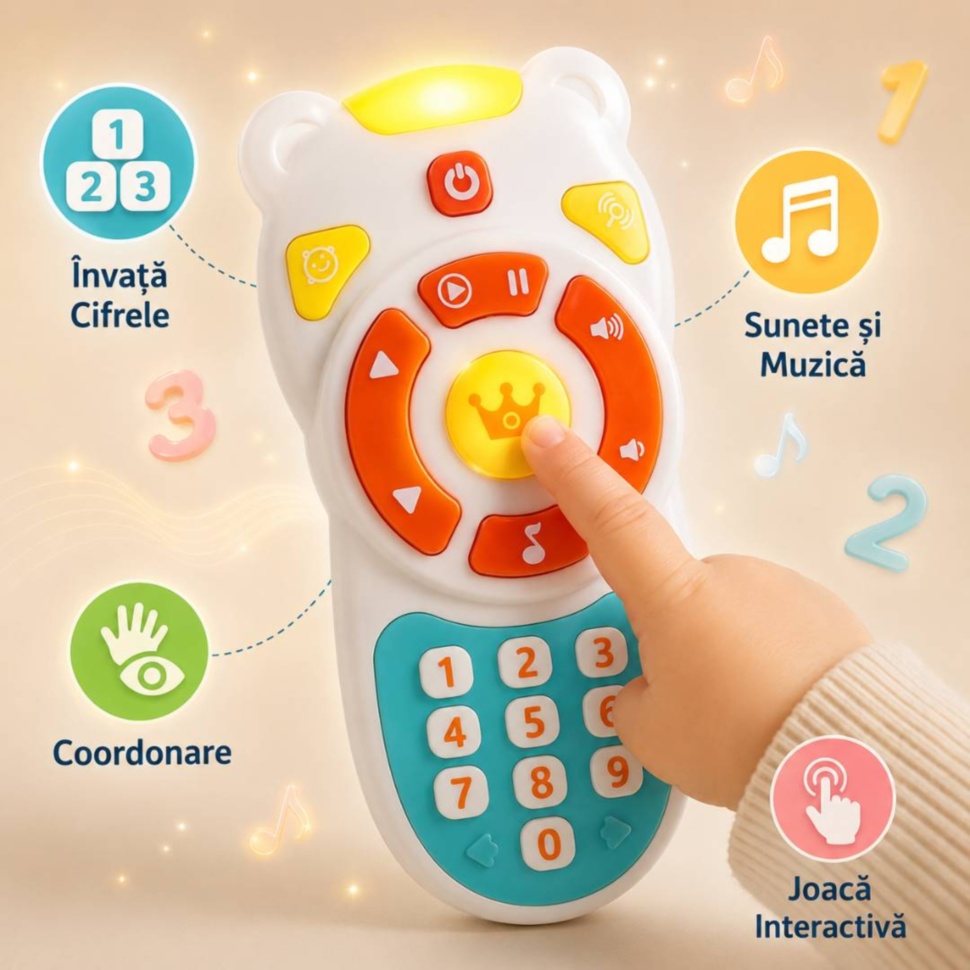 Telecomandă educativă pentru bebeluși: învață cifrele, coordonare, sunete și muzică