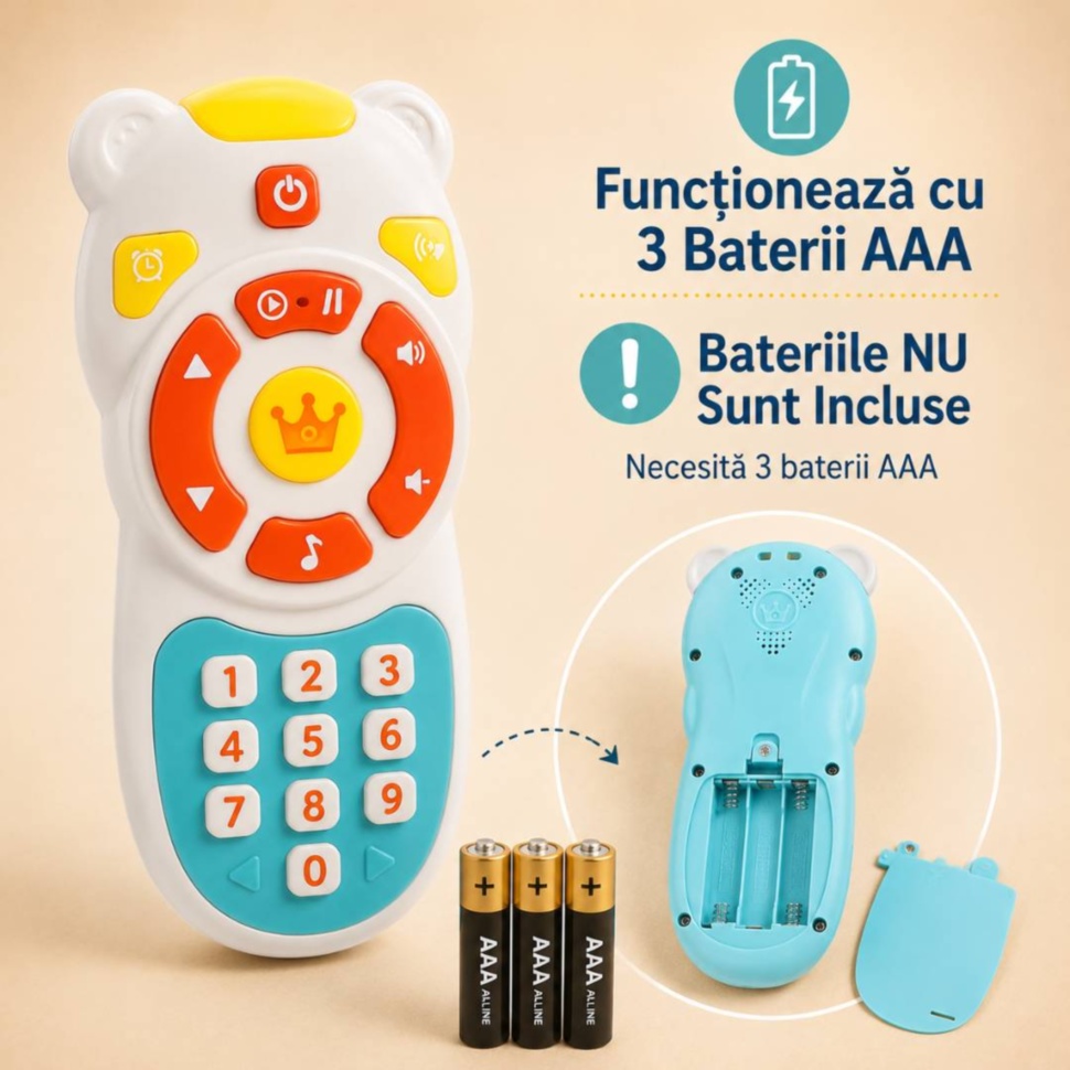 Telecomandă bebeluși funcționează cu 3 baterii AAA, bateriile nu sunt incluse