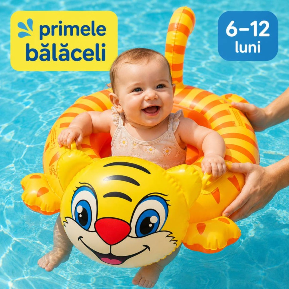 Bebeluș în piscină în colac gonflabil model tigru pentru 6–12 luni