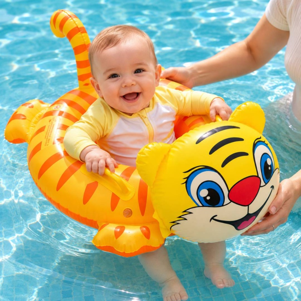Bebeluș zâmbește în colac gonflabil model tigru în piscină cu adultul aproape