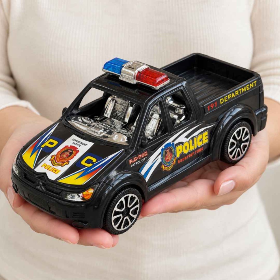 Mașină de poliție pickup neagră, de 19,5 cm, ținută în mâinile unui adult