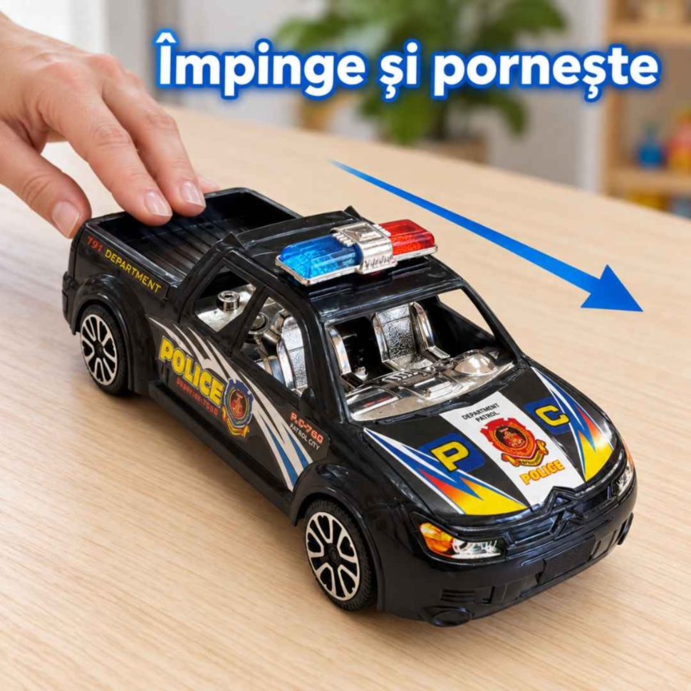 Demonstrarea mecanismului cu inerție prin împingerea mașinuței de poliție