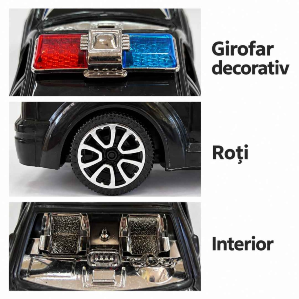 Detalii ale mașinuței: girofar decorativ, roată și interior argintiu
