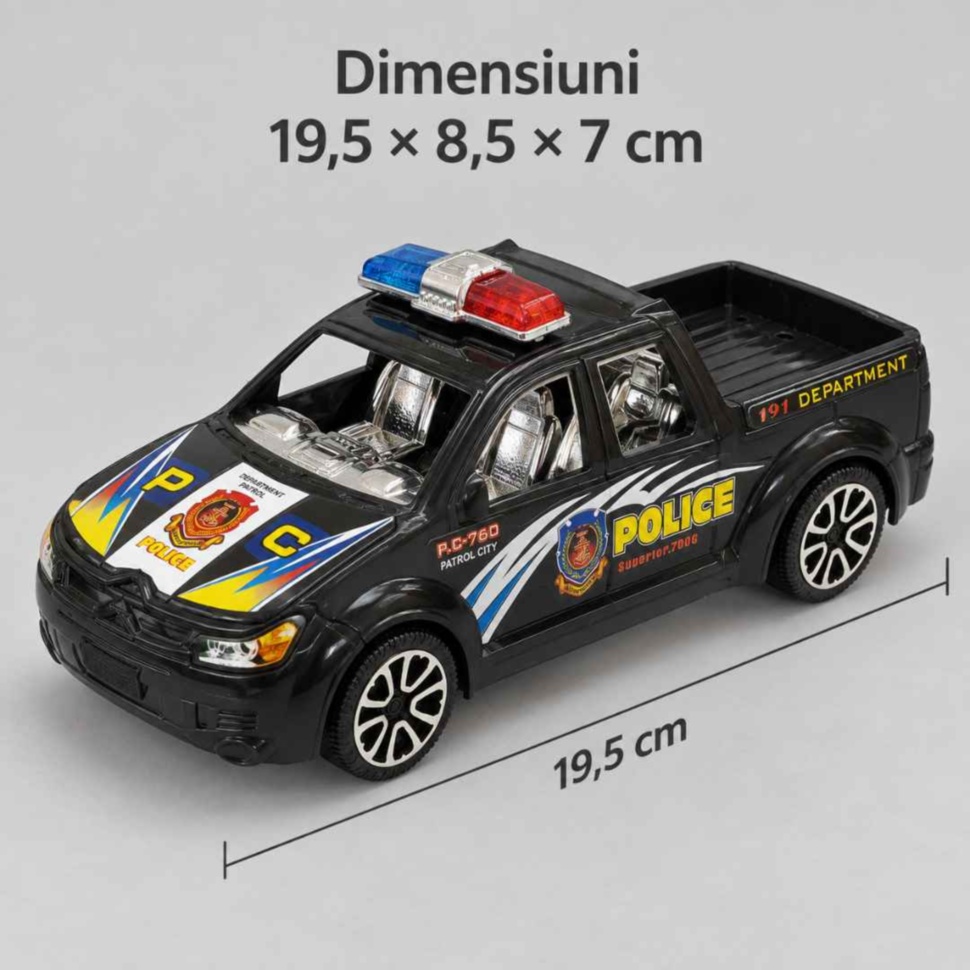Dimensiunile mașinuței de poliție: 19,5 × 8,5 × 7 cm