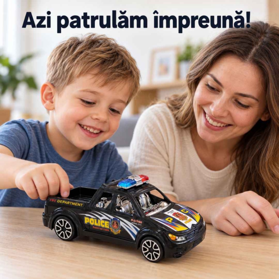 Copil și mamă se joacă împreună cu mașinuța de poliție pickup
