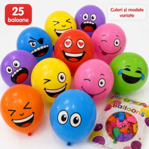 Set 25 de baloane colorate cu fețe emoji