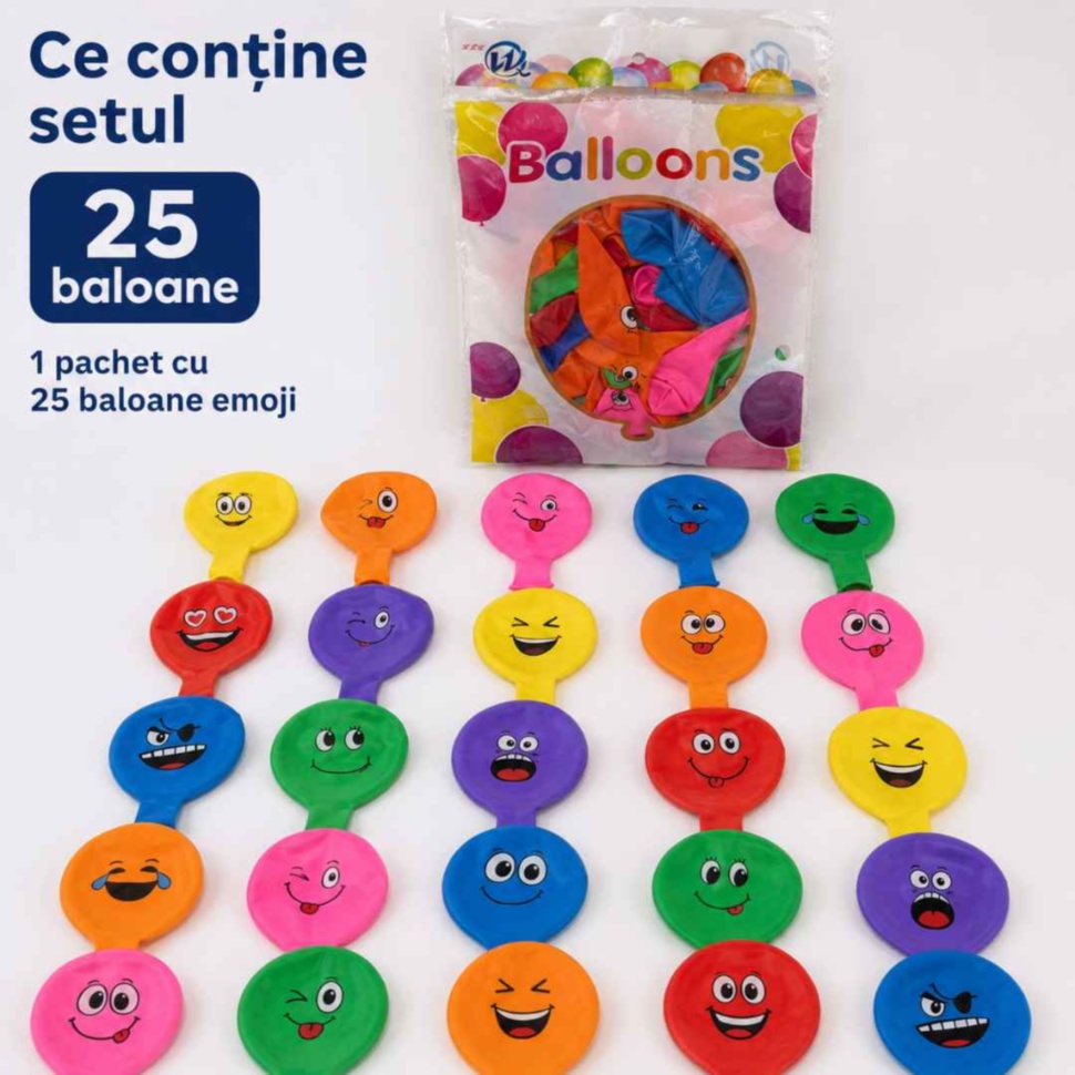 Conținutul setului cu un pachet și 25 de baloane emoji