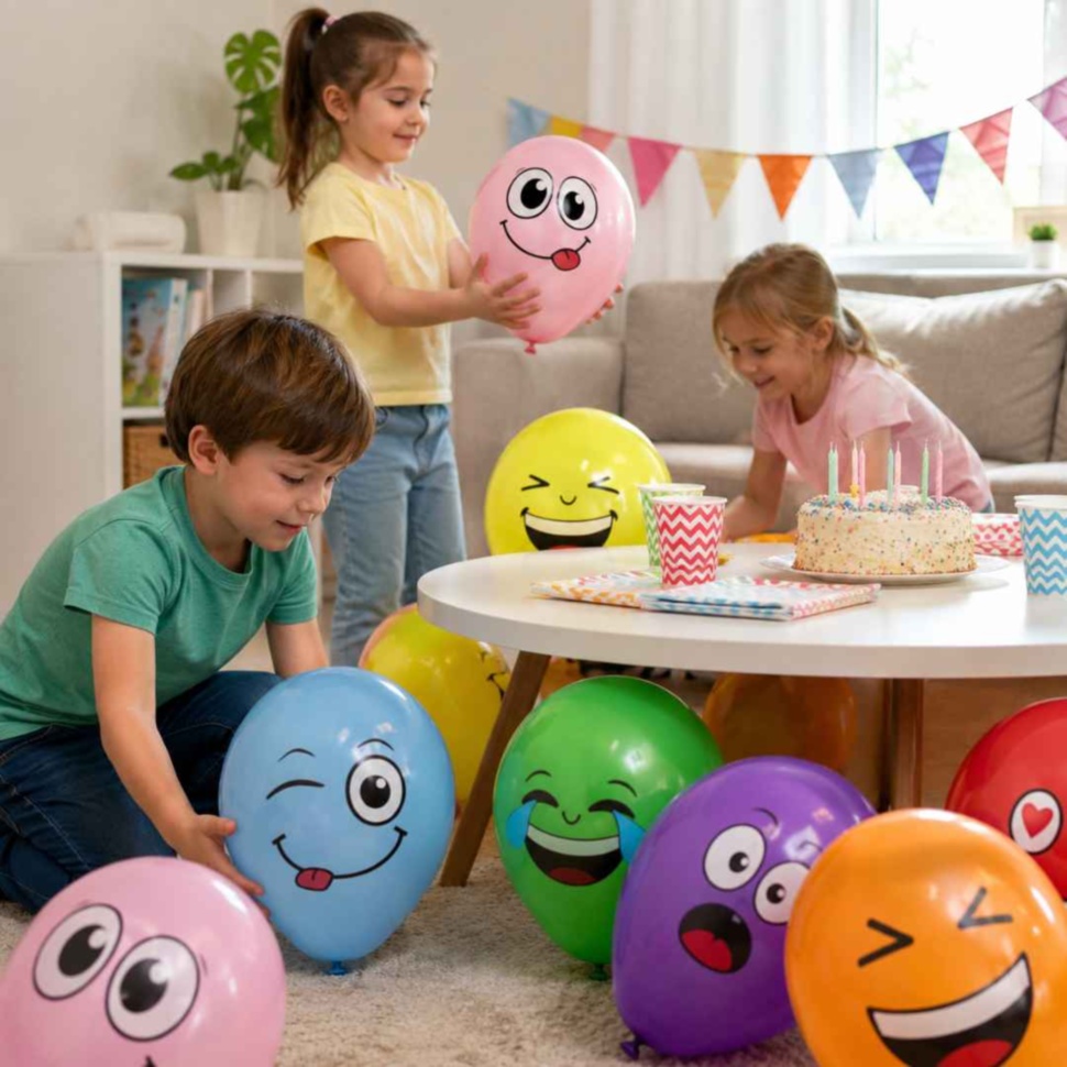 Copii pregătesc decorul aniversar cu baloane emoji colorate