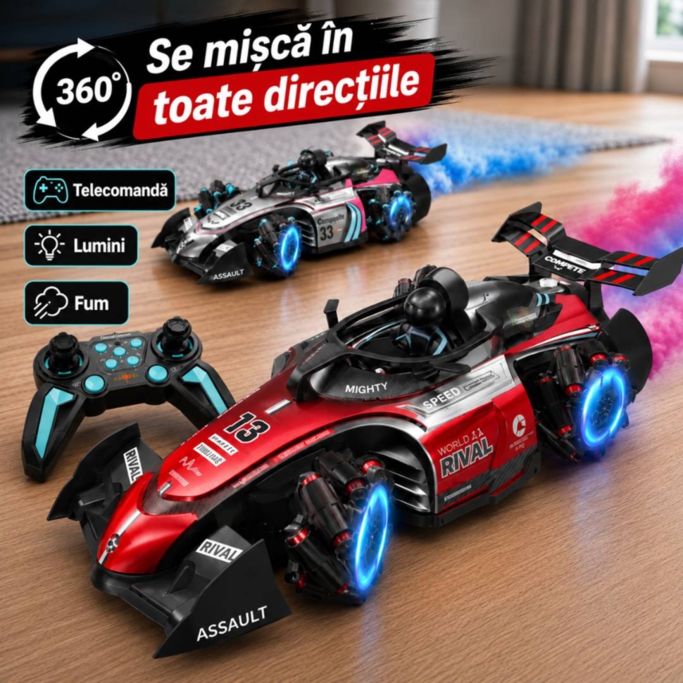 Mașinuță RC Stunt Car cu fum, lumini și mișcare 360°