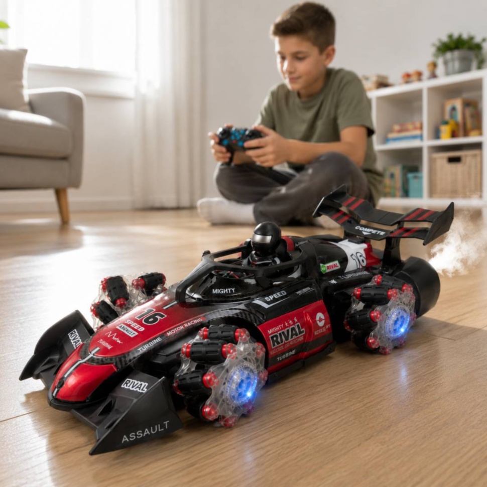 Copil controlează mașinuța RC Stunt Car cu telecomandă