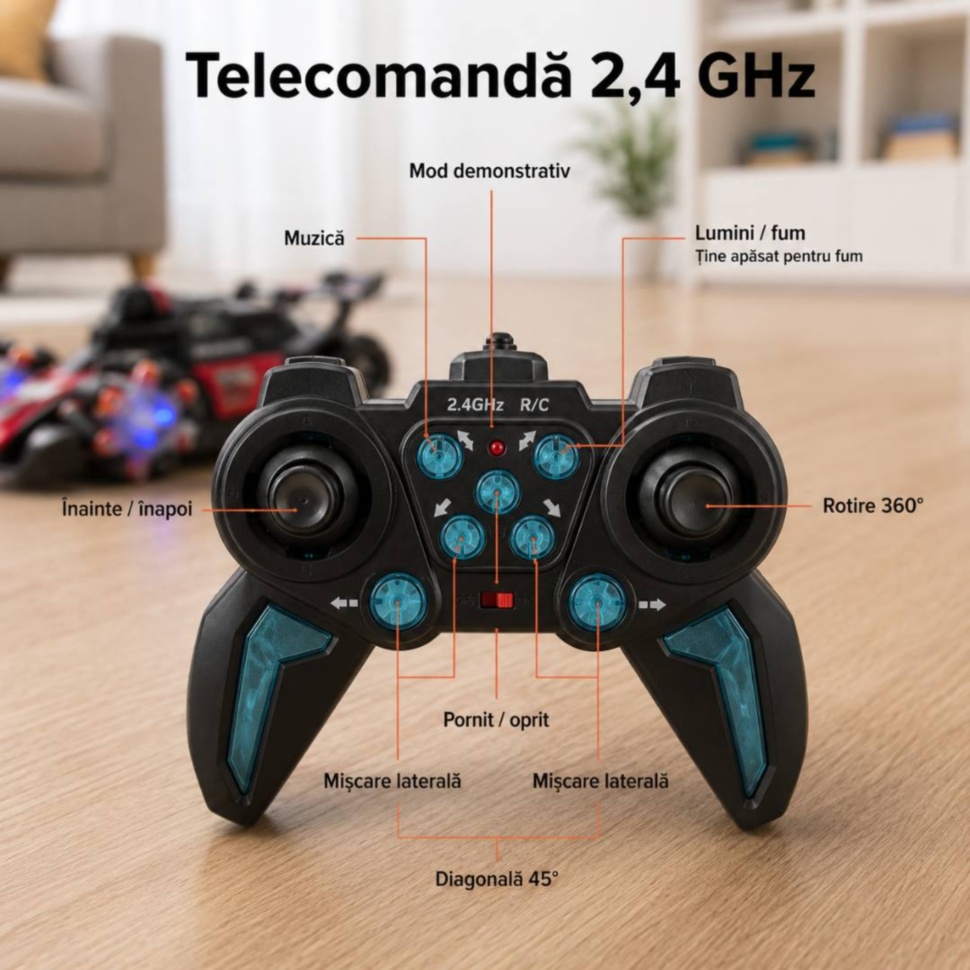 Manevre 360° cu mașinuța RC Stunt Car pe suprafață netedă