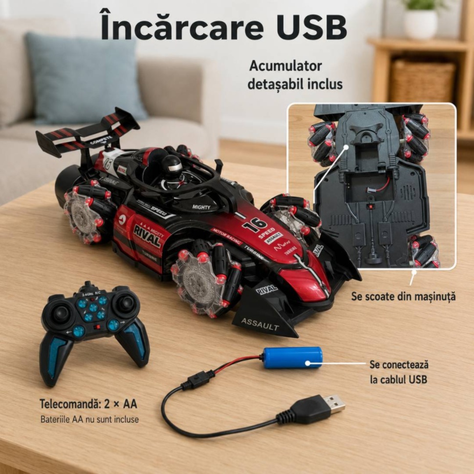 Mașinuță RC Stunt Car cu acumulator USB pentru încărcare