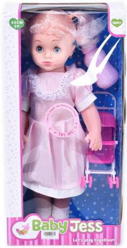 Păpușa cu 4 Sunete Realiste, Cărucior Mini și Sticluță, 44cm