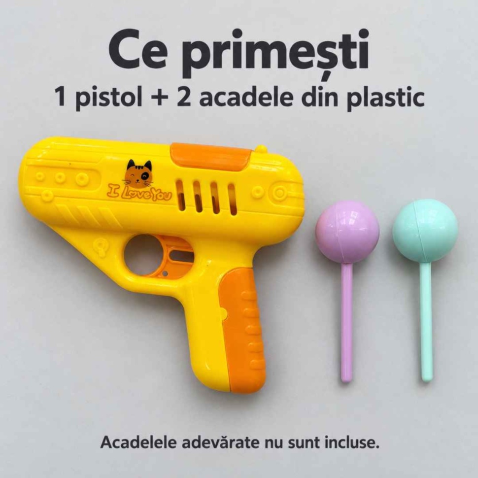 Conținutul unui set: un pistol de jucărie și două acadele din plastic