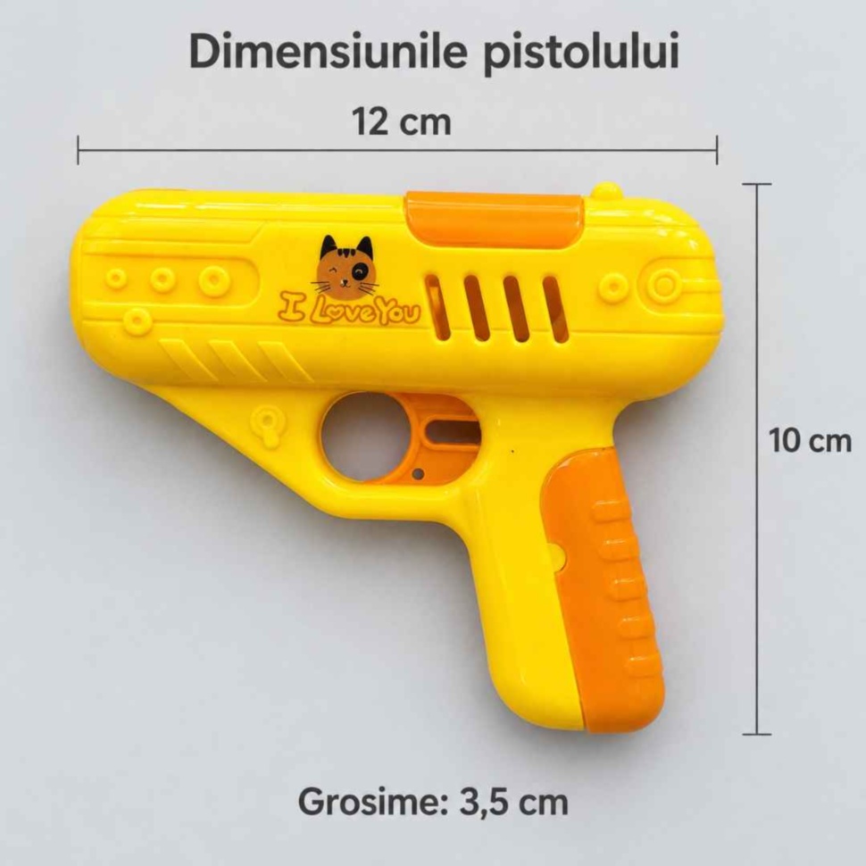Dimensiunile pistolului de jucărie: lungime 12 cm, înălțime 10 cm și grosime 3,5 cm