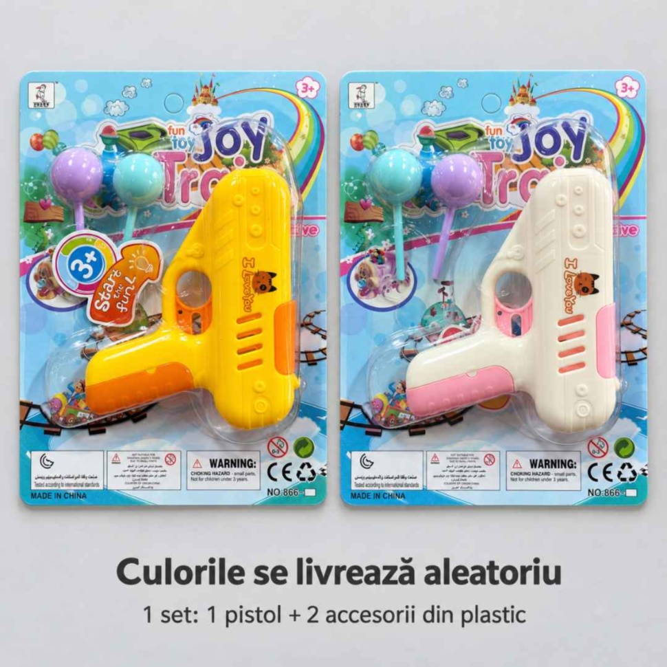 Cele două variante ale setului cu pistol și două acadele din plastic; se livrează un singur set, cu culoare aleatorie