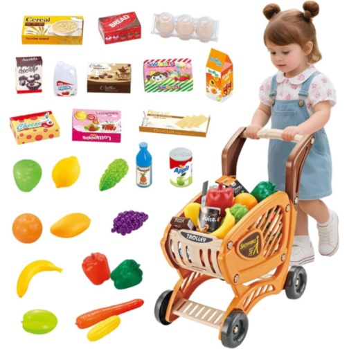 Cărucior cumpărături copii cu alimente și accesorii supermarket