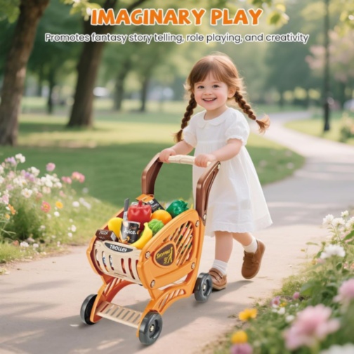 Cărucior cumpărături copii cu alimente și accesorii supermarket