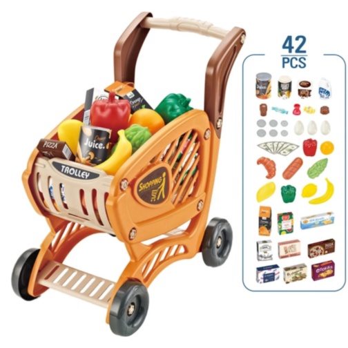 Cărucior cumpărături copii cu alimente și accesorii supermarket