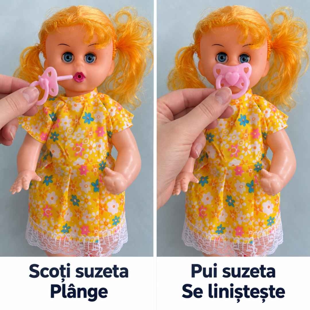 Două etape de joacă: păpușa plânge când suzeta este scoasă și se liniștește când este pusă la loc