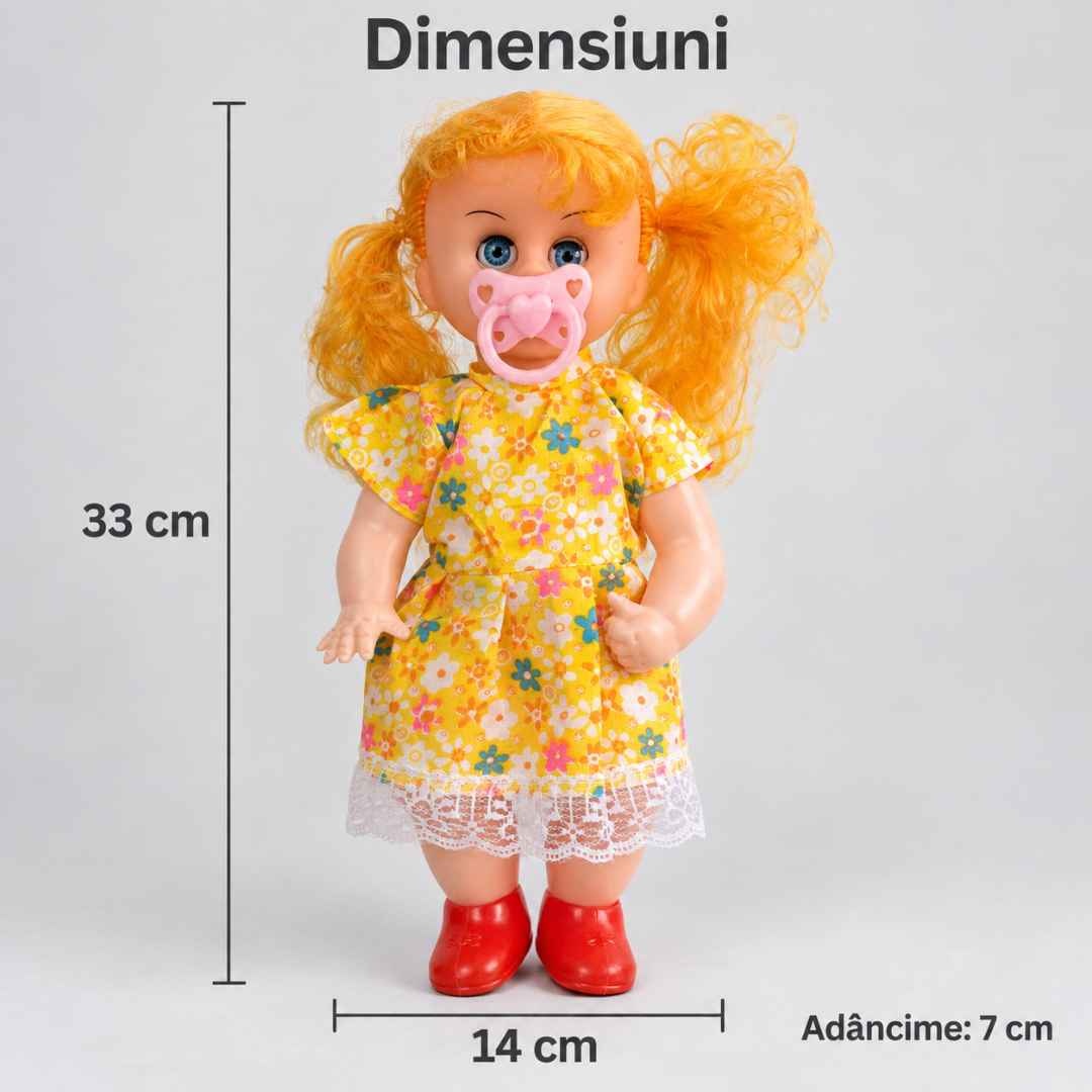 Dimensiunile păpușii: 33 cm înălțime, 14 cm lățime și 7 cm adâncime