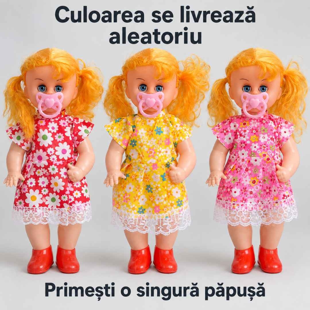 Păpușa în cele trei variante de rochie: roșie, galbenă și roz; se livrează o singură păpușă, în culoare aleatorie