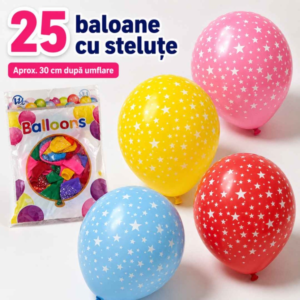 Set cu 25 de baloane colorate din latex cu steluțe albe