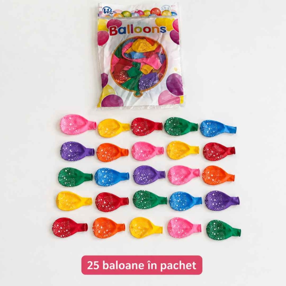Conținutul pachetului cu 25 de baloane colorate cu steluțe