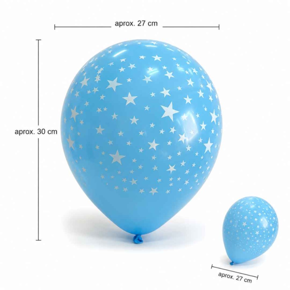 Dimensiunile unui balon cu steluțe după umflare, aproximativ 30 pe 27 pe 27 centimetri