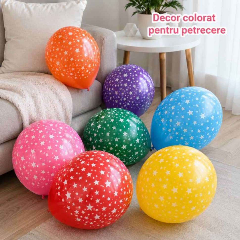 Decor colorat pentru petrecere realizat cu baloane din latex cu steluțe