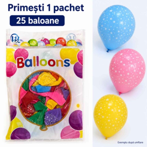 Set 25 de baloane colorate cu model steluțe