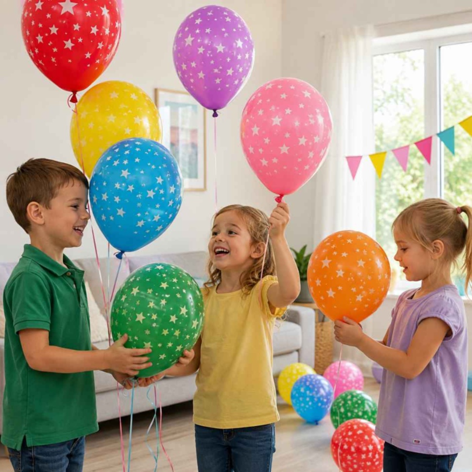 Copii la o petrecere cu baloane colorate din latex cu steluțe