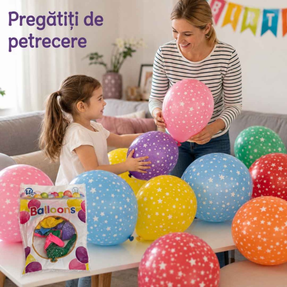 Părinte și copil pregătesc un decor de petrecere cu baloane colorate