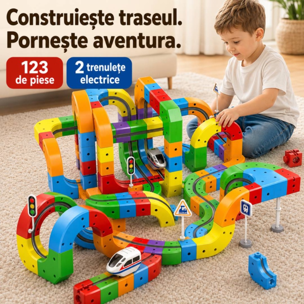 Set de construcție Cube Track cu 123 de piese și două trenulețe electrice