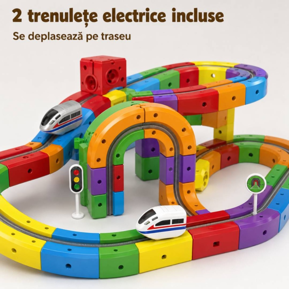 Două trenulețe electrice incluse în setul Cube Track se deplasează pe traseu