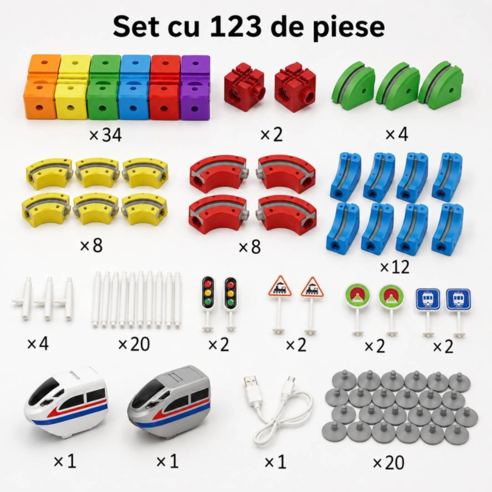 Conținutul setului Cube Track cu 123 de piese, două trenulețe și cablu USB