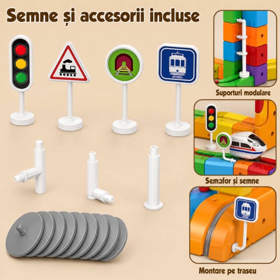 Semne, semafoare, suporturi modulare și accesorii incluse în Cube Track